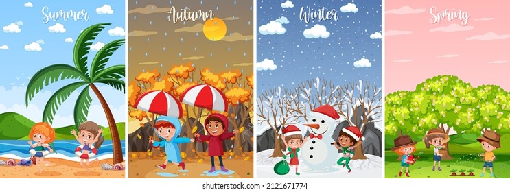 Set of children in four seasons backgrounds illustration