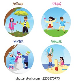 Set of children four seasons flat style, vector illustration isolated on white background. Children's entertainment in winter, spring, summer and autumn, round shapes, design elements