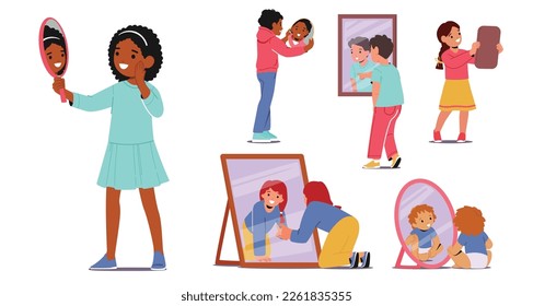 Conjunto De Niños Mirando Al Espejo, Observando Reflexión, Mostrando Emociones De Maravilla, Sorpresa O Autodescubrimiento. Caracteres graciosos para niños aislados de fondo blanco. Ilustración del vector de dibujos animados