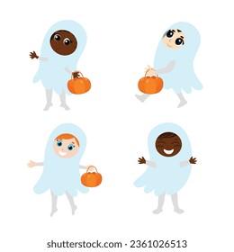 Poner a los niños con disfraces de fantasmas con canastos en las manos. Ilustración de Halloween al estilo de caricatura aislada de fondo blanco.