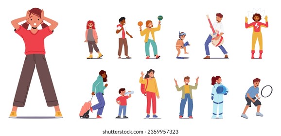 Set of Children. Girls and Boys Characters Play Guitar, Maracas and Tennis, Astronaut, Schoolkids and Super Hero, Drink Water, Wear Flippers and Mask, Shocked Face. Cartoon People Vector Illustration