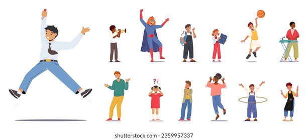 Set von Kindern. Girls and Boys Characters Jump, Spin Hula Hoop, Lernen Sky Map, Play Trumpet, Schoolboy Jump, verwirrtes Kind, Barber, Super Hero, Basketball Player. Vektorgrafik von Cartoon People