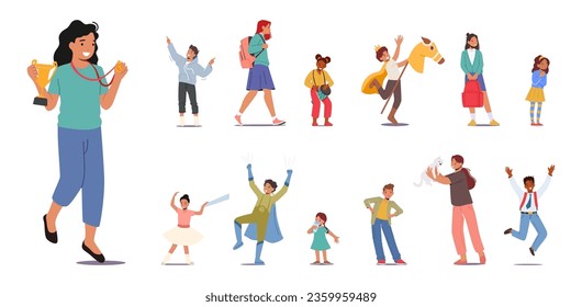 Set of Children. Girls and Boys Characters Win Competition with Cup and Medal, Dance Ballet, Walk to School, Play in Theater Prince or Super Hero, Play with Pet. Cartoon People Vector Illustration