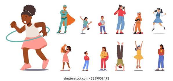 Set of Children. Girls or Boys Characters Spin Hula Hoop, Wear Firefighter or School Uniform, Super Hero Costume, Play with Pet, Jump, Fun, Stand Upside Down, Smile. Cartoon People Vector Illustration