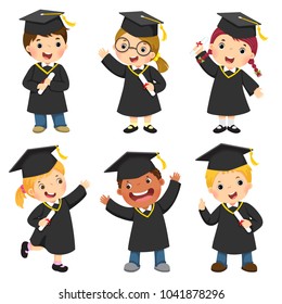 Set of children in a graduation gown and mortar board
