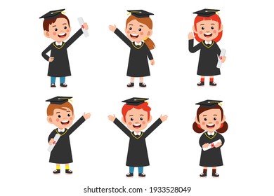 Set of children in a graduation gown and mortarboard. Cute cartoon character design