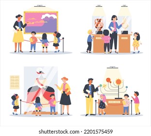 Set of children groups visiting various museums and planetarium, flat cartoon vector illustration isolated on white background. School students group in museum.