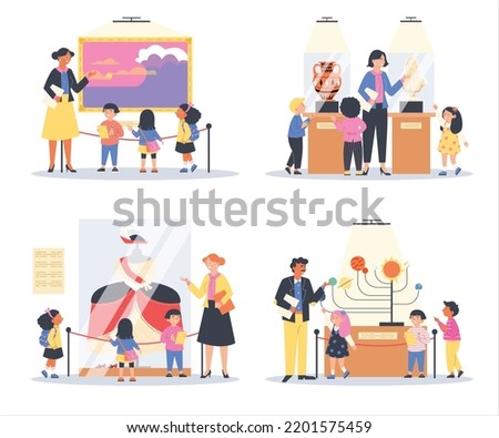 Set of children groups visiting various museums and planetarium, flat cartoon vector illustration isolated on white background. School students group in museum.