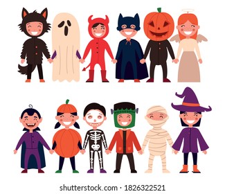 Set of children. Halloween, children's party, or kids in a Halloween costume. Vector illustration on white isolated background.