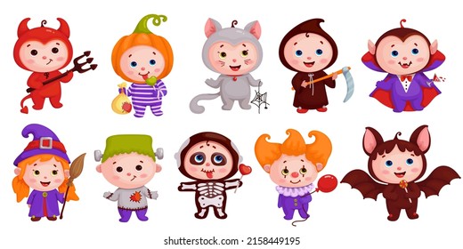 Set de niños con disfraces de Halloween. Personajes divertidos de caricatura.