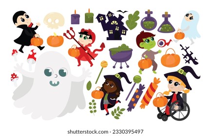 Set children in Halloween costumes and plant leaves, candy, pumpkin, castle, potion, poison, bottles, eye, lollipop, basket, skull, candles, bat in cartoon style on a white background.