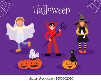 Set of children in halloween costumes. Halloween pumpkins, ghosts and a cat.