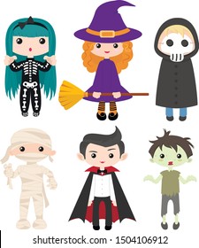 Set of children in Halloween costumes. Skeleton, witch, zombie, death, ghost, mummy and vampire. Black cat and bats flat icons