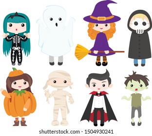 Set of children in Halloween costumes. Skeleton, witch, zombie, death, ghost, mummy, pumpkin and vampire. Black cat and bats flat icons