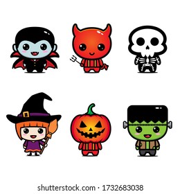 Set of children in Halloween costumes. Skeleton, witch, zombie, death, ghost, mummy and vampire. Black cat and bats flat icons