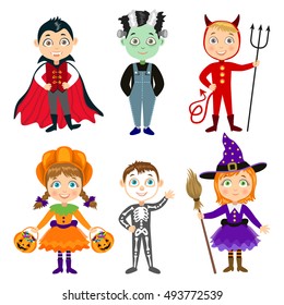 Set of Children in halloween costumes. Vampire Dracula, devil, witch, pumpkin, zombie, skeleton. Halloween characters