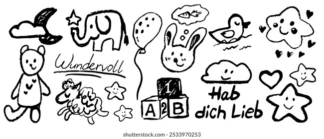 Set of children hand draw elements. Stars, toys, moon, cloud and more. Hand written « wonderful“ and “I love you” in German. Vector, isolated Grafik with texture and Black