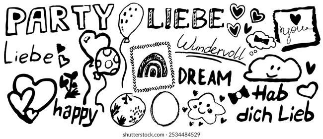 Set of children hand draw elements. Stars,Ballons, cloud. Hand written  “wonderful“ and “I love you” in German. Vector, isolated Grafik with texture 