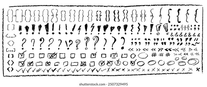 Set of children hand drawn crayon text symbols. Collection of black color pastel symbol brackets, question, circles, exclamation etc. Vector charcoal doodle shapes and squiggles in childish style