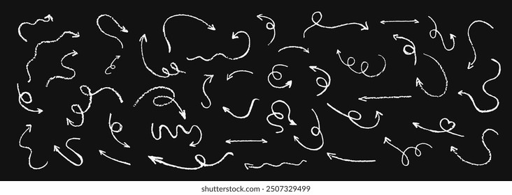 Set of children hand drawn crayon arrows. Collection of abstract white pastel curved pointers. Fun wax chalk vector pointers pointing in various directions. Simple design elements of complex path