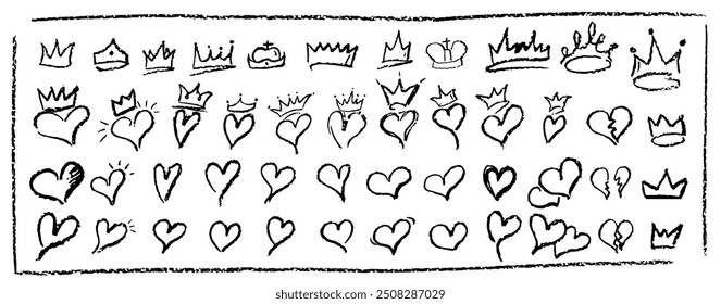 Set of children hand drawn crayon hearts and crowns. Collection of black color pastel symbol of love and monarch status. Vector charcoal doodle shapes and squiggles in childish girly style.