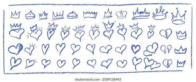 Set of children hand drawn crayon hearts and crowns. Collection of blue color pastel symbol of love and monarch status. Vector charcoal doodle shapes and squiggles in childish girly style.