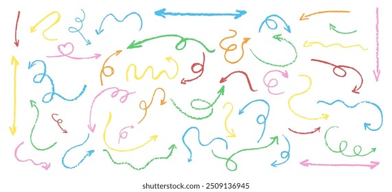 Set of children hand drawn crayon arrows. Collection of abstract color pastel curved pointers. Fun wax chalk vector pointers pointing in various directions. Simple design elements of complex path.