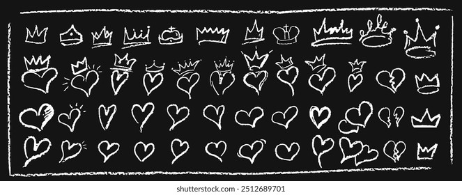 Set of children hand drawn crayon hearts and crowns. Collection of white color pastel symbol of love and monarch status. Vector charcoal doodle shapes and squiggles in childish girly style.