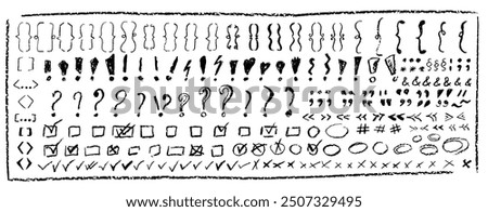 Set of children hand drawn crayon text symbols. Collection of black color pastel symbol brackets, question, circles, exclamation etc. Vector charcoal doodle shapes and squiggles in childish style