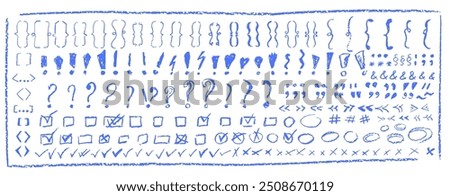 Set of children hand drawn crayon text symbols. Collection of blue color pastel symbol brackets, question, circles, exclamation etc. Vector charcoal doodle shapes and squiggles in childish style.