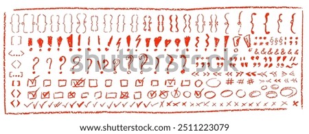 Set of children hand drawn crayon text symbols. Collection of red color pastel symbol brackets, question, circles, exclamation etc. Vector charcoal doodle shapes and squiggles in childish style.