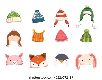 Set of Children Hats for Autumn and Winter Seasons, Kids Headwear Design Elements for Cold Weather. Knitted and Textile Caps for Girls or Boys Isolated on White Background. Cartoon Vector Illustration