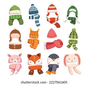 Set of Children Hats for Autumn and Winter Seasons, Knitted and Textile Caps for Girls or Boys Isolated on White Background. Kids Headwear Design Elements for Cold Weather. Cartoon Vector Illustration