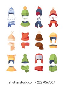 Set of Children Hats for Autumn and Winter Seasons, Knitted and Textile Caps for Girls or Boys Isolated on White Background. Kids Headwear Design Elements for Cold Weather. Cartoon Vector Illustration