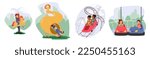 Set of Children Having Fun in Amusement Park. Little Girls and Boys Characters Riding Roller Coaster, Slides, Bumper Cars and Horse in Outdoor Fun Fair. Cartoon People Vector Illustration