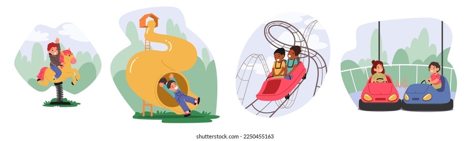 Set of Children Having Fun in Amusement Park. Little Girls and Boys Characters Riding Roller Coaster, Slides, Bumper Cars and Horse in Outdoor Fun Fair. Cartoon People Vector Illustration