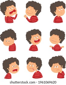 Set of children head with different face expressions. Little caucasian boy vector illustration.