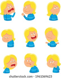 Eine Gruppe von Kindern hat verschiedene Gesichtsausdrücke. Kleines kaukasisches Mädchen, Vektorgrafik.