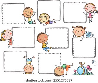 Set of children holding blank note papers, cute cartoon kids with placarts, your text here, blank signs, paper template, vector illustration