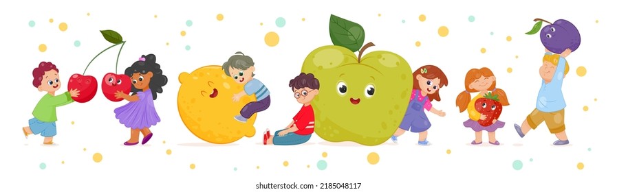 Set of children holding fruits. Cute little boys and girls play with big apple, lemon, cherry and strawberry. Seamless panorama with funny characters. Cartoon flat vector collection isolated on white