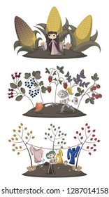 Set of children illustration: meadows with different plants and characters. Pastel colours, white background, flat cartoon style vector illustration.