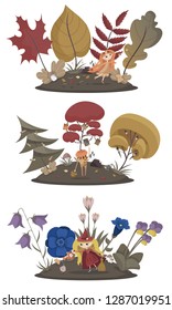 Set of children illustration: meadows with different plants and characters. Pastel colours, white background, flat cartoon style vector illustration.