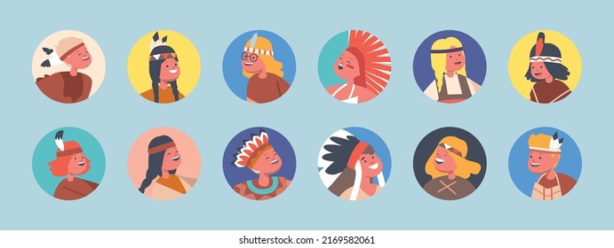 Set of Children Indigenous Indian American Characters Isolated Avatars or Round Icons. Native Aboriginal Kids in Tribal Costumes and Headwear with Feathers. Cartoon Vector Illustration