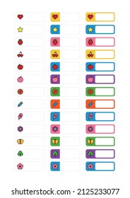 Set of children, kindergarten and kids name tag label illustrations with cute, colorful icons.