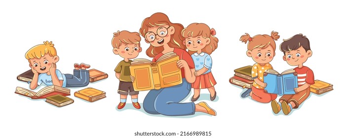 Set of Children learn from books. Little boys and girls read interesting fairy tale alone or with their mother. Preschoolers gain knowledge. Cartoon flat vector collection isolated on white background