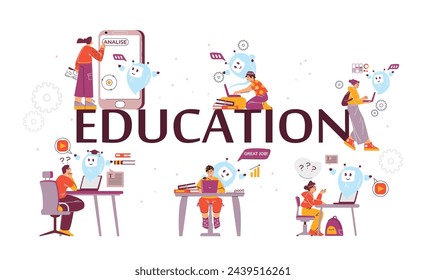 Set of children learning with AI assistant flat style, vector illustration isolated on white background. Decorative design elements collection, AI education, cute robot characters