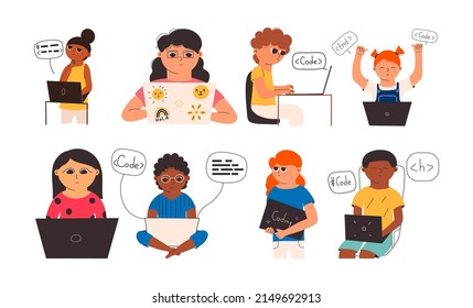 A set of children learning coding, programming. Vector illustration