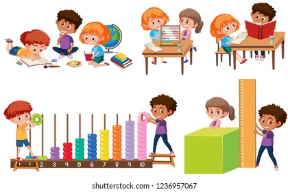 Set of children learning math illustration
