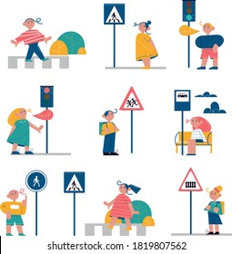 Conjunto de niños que aprenden y memorizan señales de tránsito cerca de las carreteras al aire libre