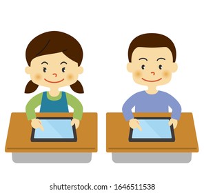 A set of children learning on tablet devices. Vector data on white background.